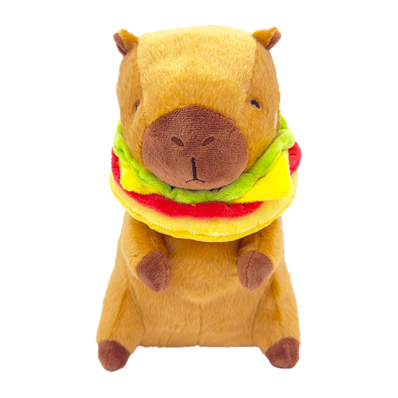 Capibaras by Plushmania — Hero character with its burger charm, shot on white for catalogue and marketplace listings.