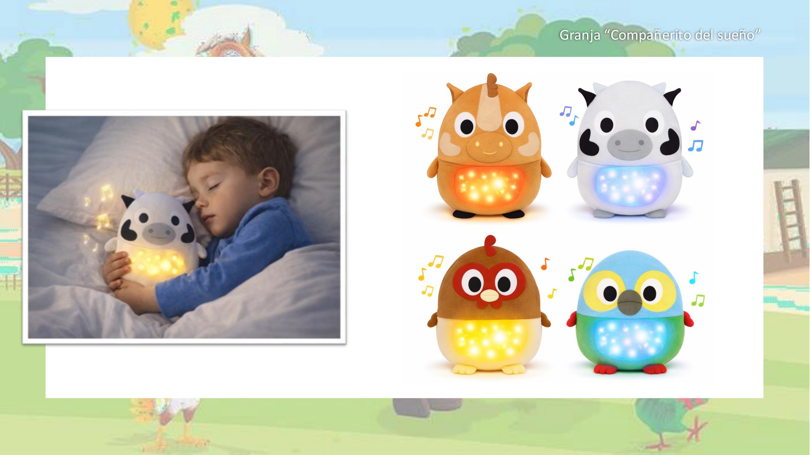 La Granja de Zenón × Bandai — "Compañerito del sueño": glowing-belly plush with music, designed around the bedtime routine.