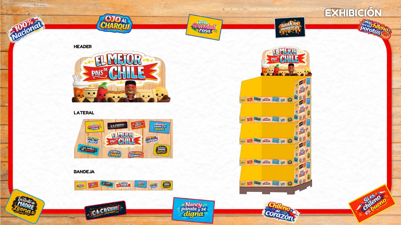 El Mejor País de Chile — In-store exhibition design: header, side panels, tray strips and the full pallet display.