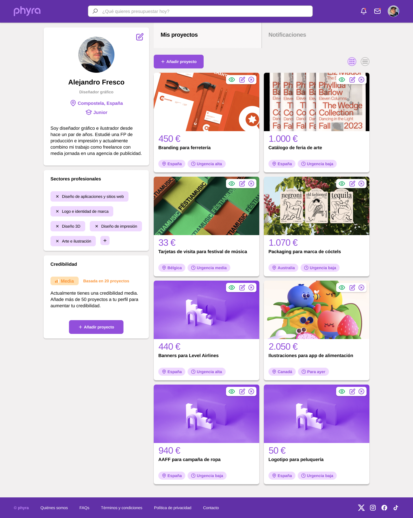 Phyra — Professional profile: sectors, credibility score and the freelancer's own uploaded projects with their real prices.