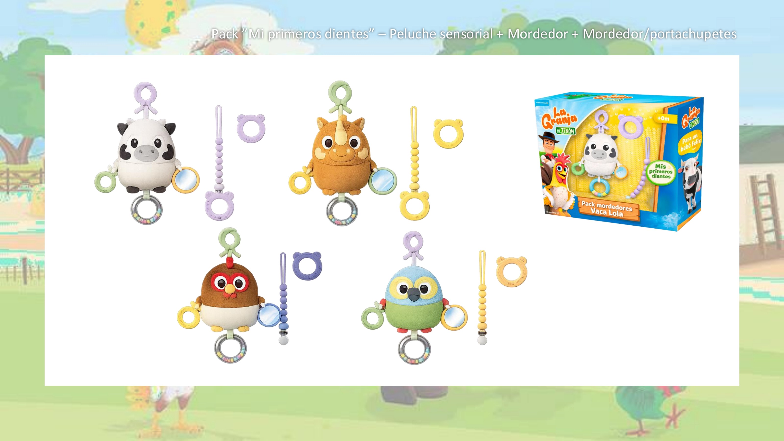 La Granja de Zenón × Bandai — "Mis primeros dientes" pack: sensory plush + teether + teether/pacifier holder, built as a giftable bundle.