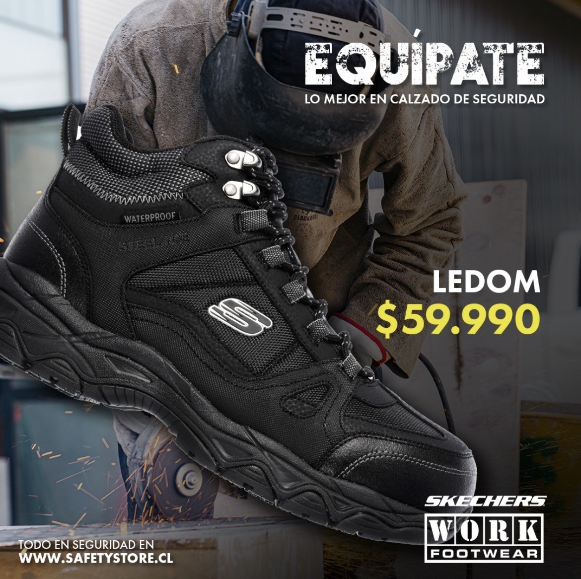Safety Store — "Equípate" footwear post — Skechers Work, price-led offer in the new visual language.