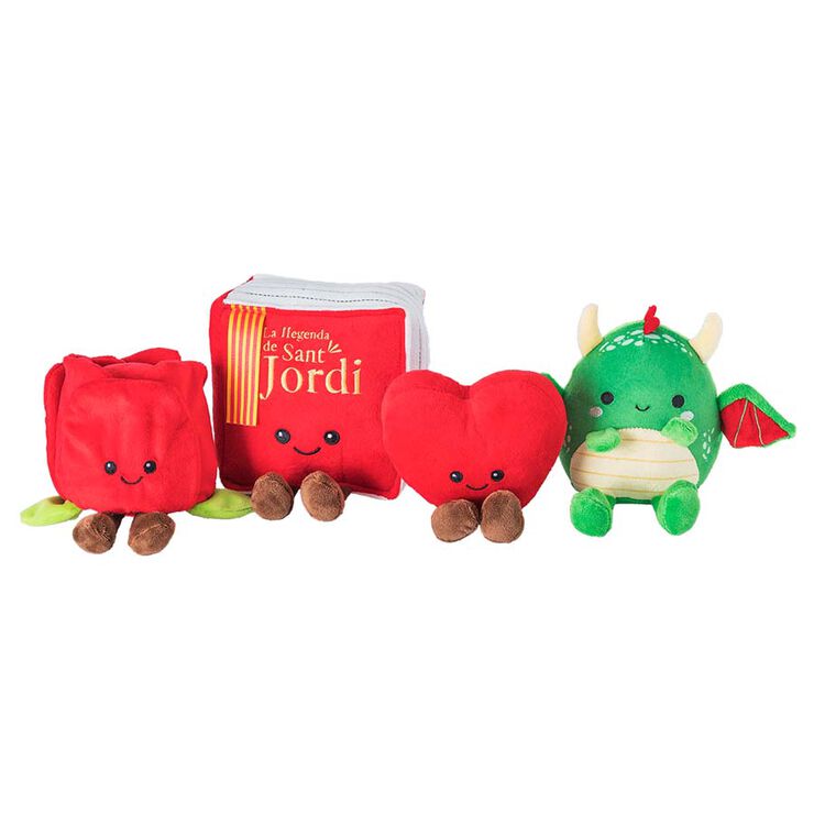 Abacus — Sant Jordi — The full Sant Jordi plush family: rose, legend book, heart and dragon — one story told across four characters.