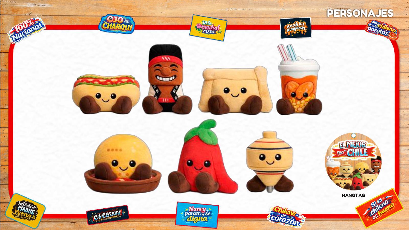 El Mejor País de Chile — Character sheet and hangtag: each plush paired with the phrase it belongs to.