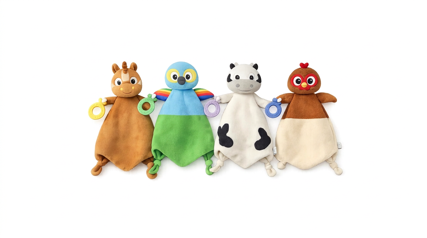 La Granja de Zenón × Bandai — Comfort blankets with silicone teethers, one per character (horse, parrot, cow, hen) — the entry product of the collection.